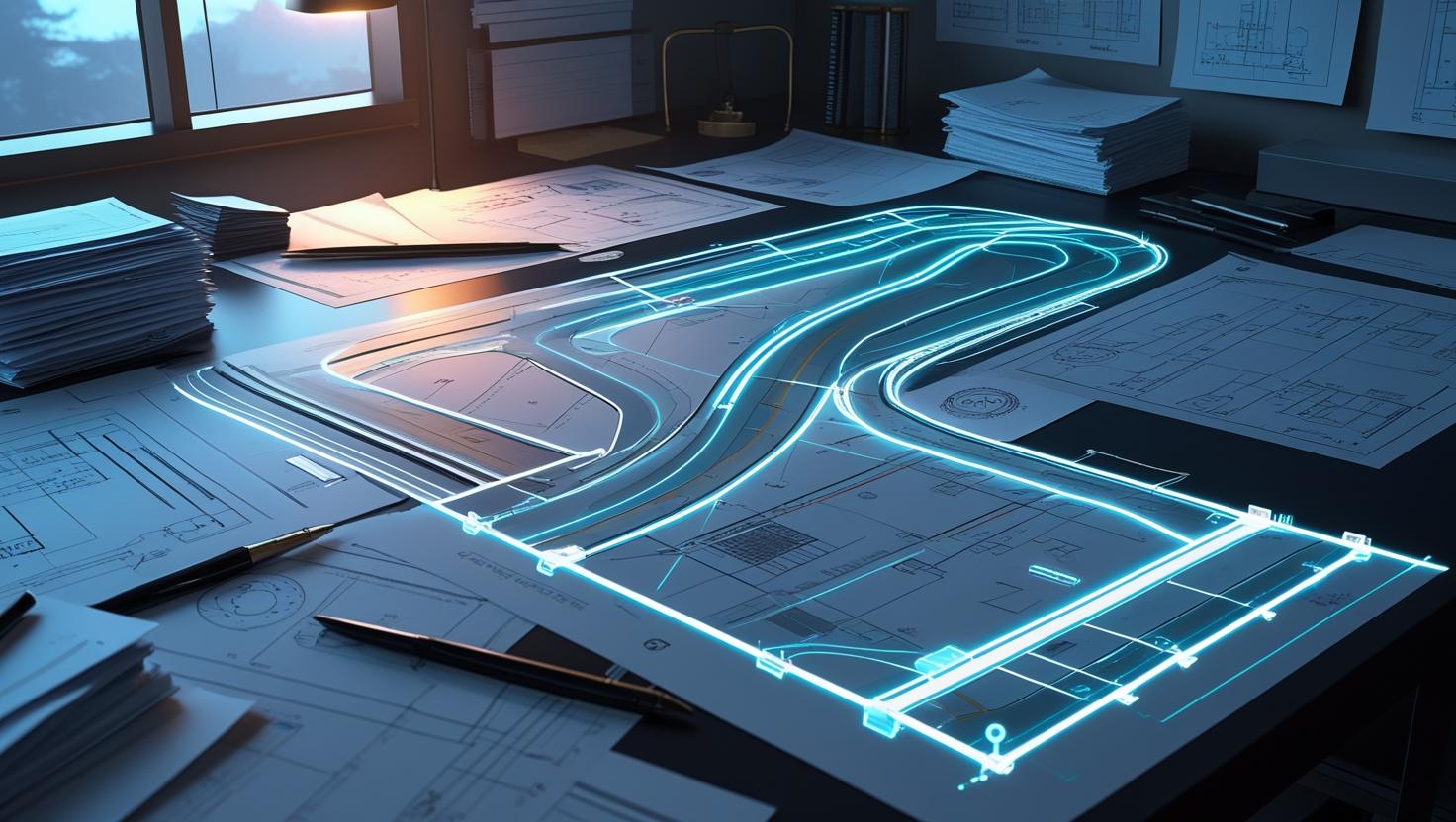 create an image with papers on a desk with futuristic lines across the image that look like a tech project for roads